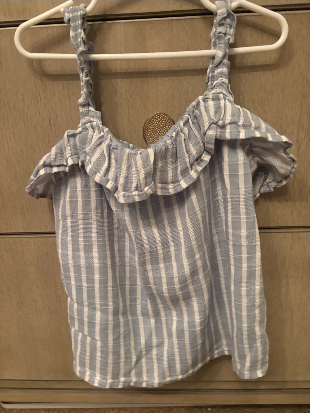 abercrombie kids Light Blue and White Striped Ruffle Tank
